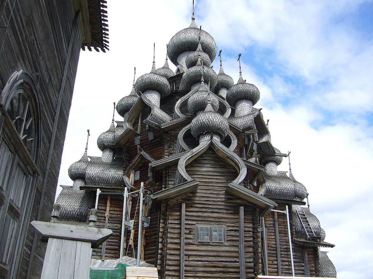 Close view of the wooden domes covered with aspen shingles